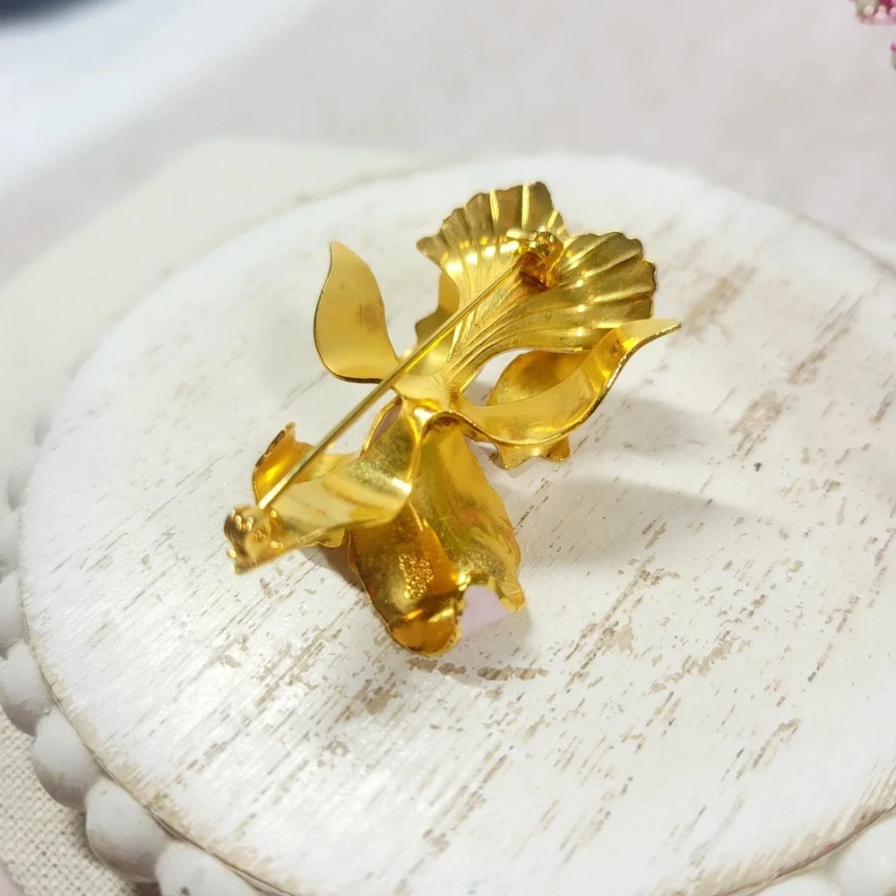 Vintage 1982 Cerrito Signed Pink Orchid Brooch, Pearlized Enamel /Gold Tone